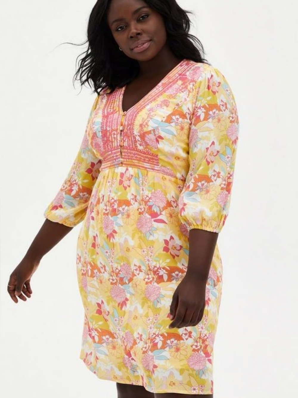 Torrid Yellow Peach Floral Hi-Lo Embroidered V-Neck Midi Dress 2X